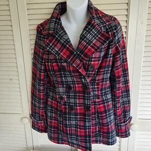 JouJou Women’s Peacoat Jacket Size Medium Red Black Plaid No Belt Classic Style